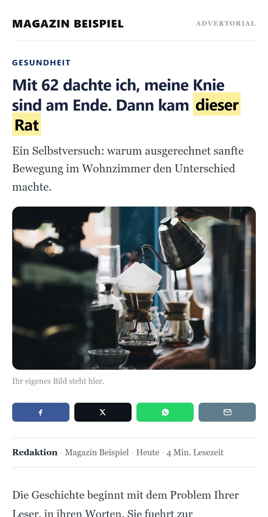 Mit Sophistication gebautes Advertorial auf einem iPhone