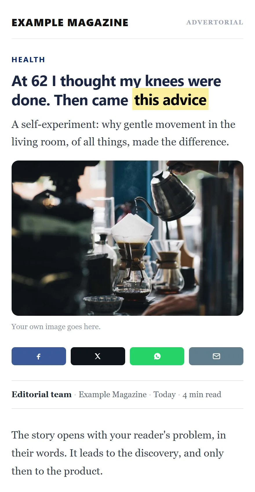 Advertorial page built with Sophistication, shown on an iPhone
